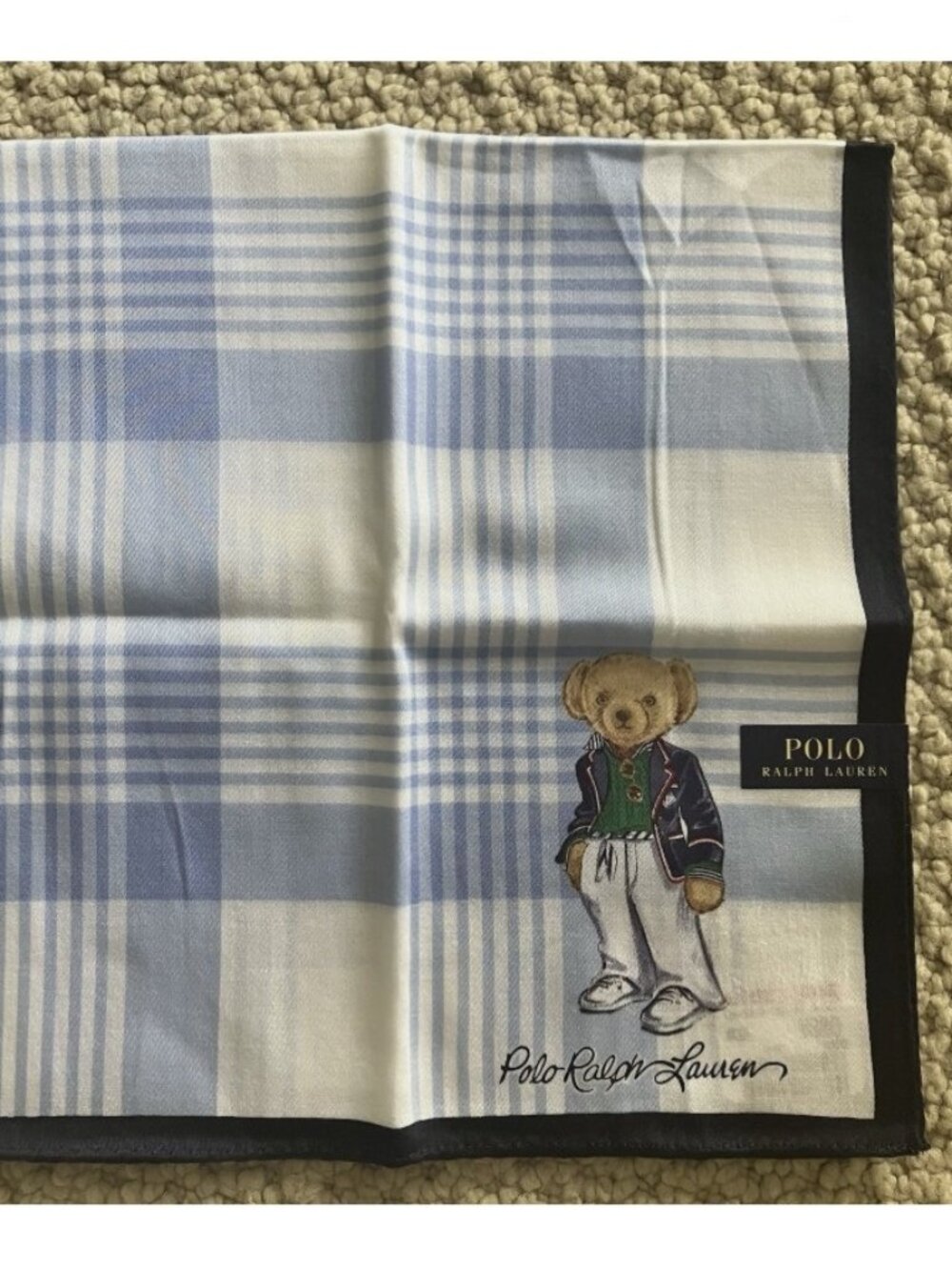 New Polo Ralph Lauren Bear Handkerchief Scarf Pocket Square Light Blue Plaid